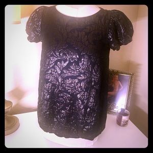 TIBI - Black Jacquard Puff-Sleeve Sculpture Blouse